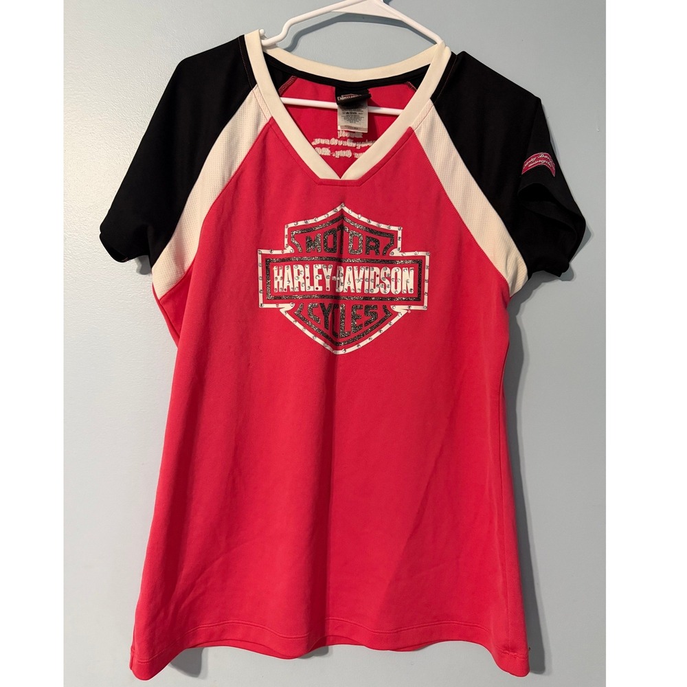 Harley Davidson Kansas City Women's Size XL Pink Rhinestone Logo Jersey Shirt